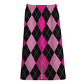 Black And Deep Pink Argyle Pattern Print Cotton Front Slit Maxi Skirt