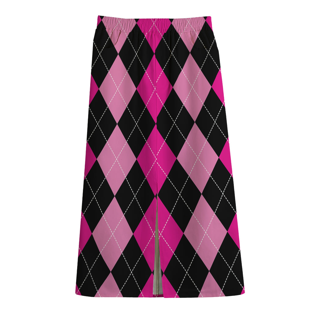 Black And Deep Pink Argyle Pattern Print Cotton Front Slit Maxi Skirt