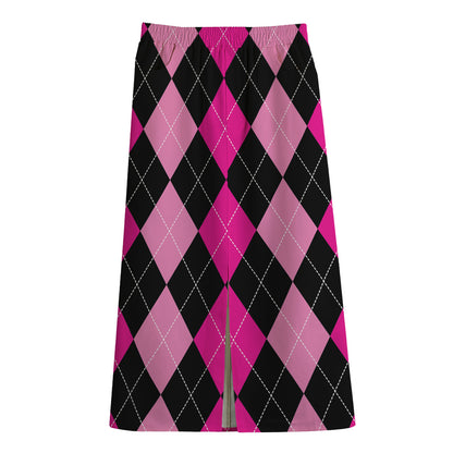 Black And Deep Pink Argyle Pattern Print Cotton Front Slit Maxi Skirt