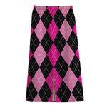 Black And Deep Pink Argyle Pattern Print Cotton Front Slit Maxi Skirt