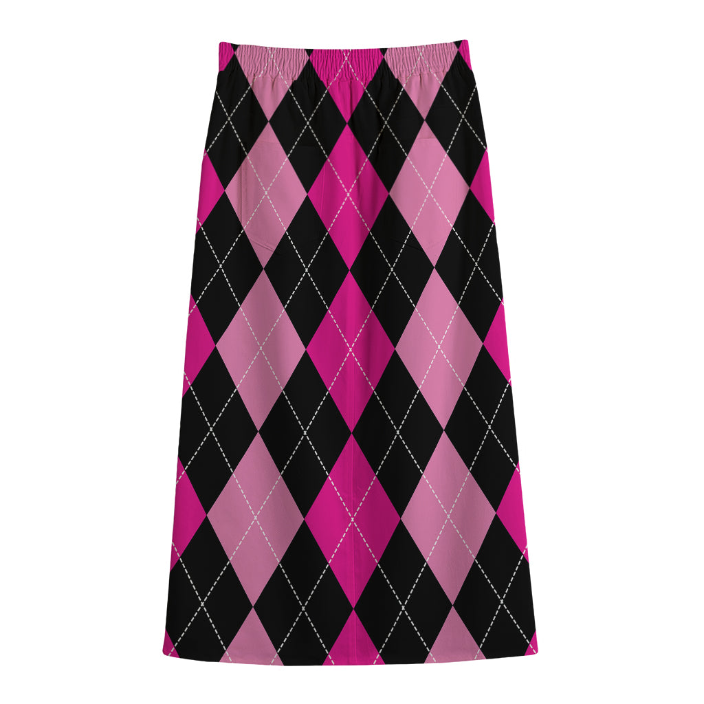 Black And Deep Pink Argyle Pattern Print Cotton Front Slit Maxi Skirt