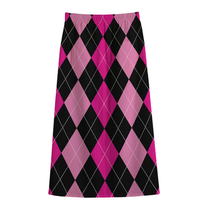 Black And Deep Pink Argyle Pattern Print Cotton Front Slit Maxi Skirt