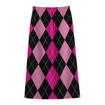 Black And Deep Pink Argyle Pattern Print Cotton Front Slit Maxi Skirt