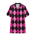 Black And Deep Pink Argyle Pattern Print Cotton Hawaiian Shirt