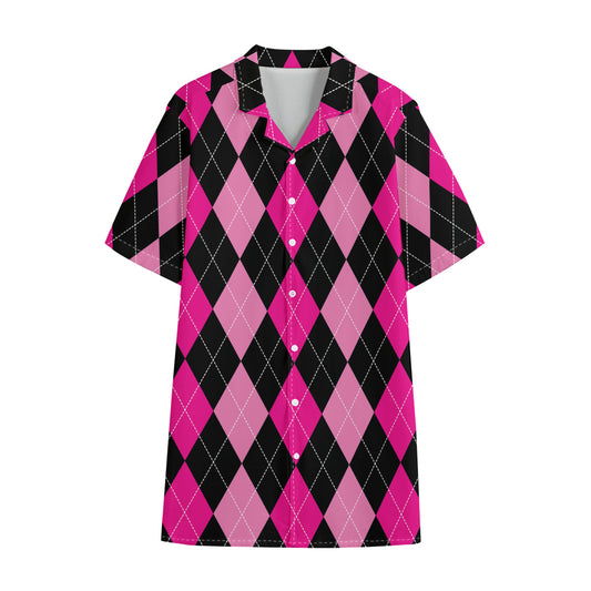 Black And Deep Pink Argyle Pattern Print Cotton Hawaiian Shirt