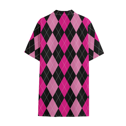 Black And Deep Pink Argyle Pattern Print Cotton Hawaiian Shirt