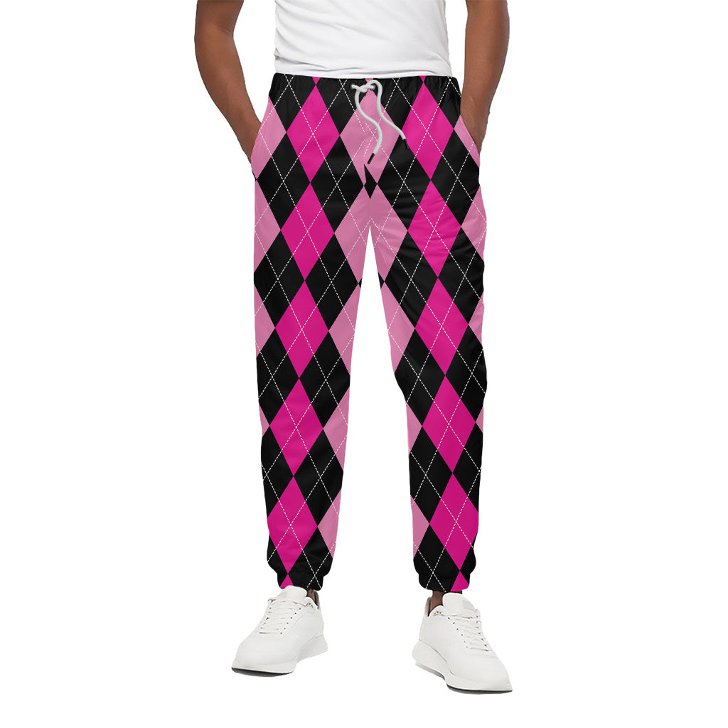 Black And Deep Pink Argyle Pattern Print Cotton Pants