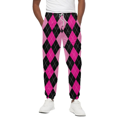 Black And Deep Pink Argyle Pattern Print Cotton Pants