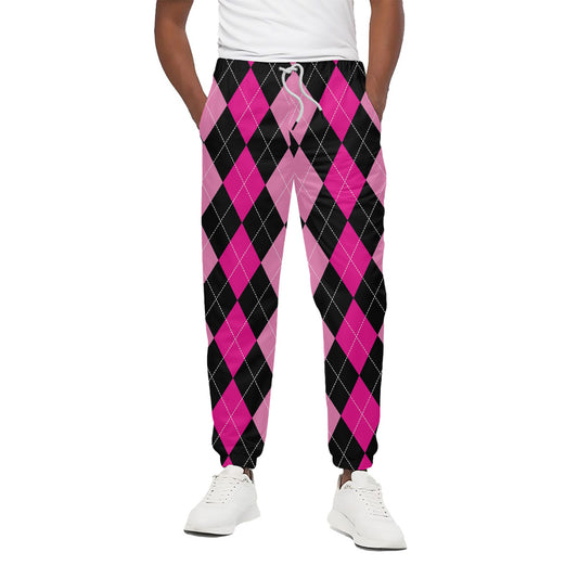 Black And Deep Pink Argyle Pattern Print Cotton Pants