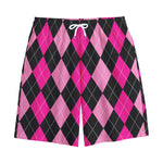 Black And Deep Pink Argyle Pattern Print Cotton Shorts