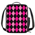 Black And Deep Pink Argyle Pattern Print Crossbody Lunch Bag