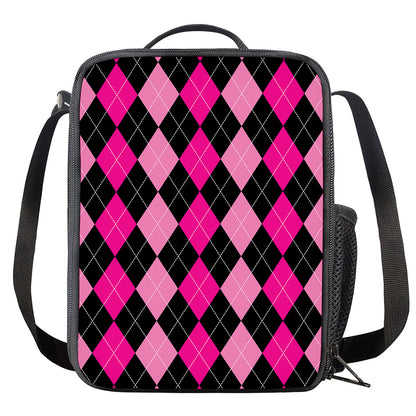 Black And Deep Pink Argyle Pattern Print Crossbody Lunch Bag