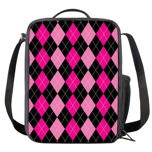 Black And Deep Pink Argyle Pattern Print Crossbody Lunch Bag