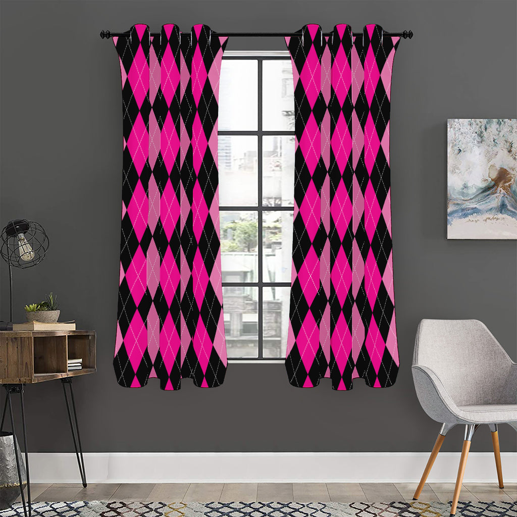 Black And Deep Pink Argyle Pattern Print Curtain