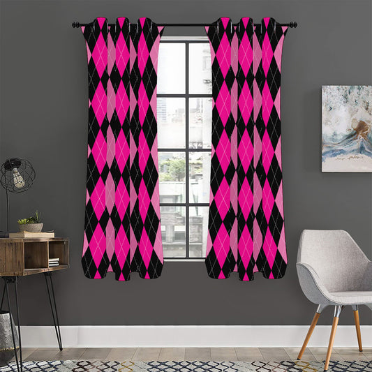 Black And Deep Pink Argyle Pattern Print Curtain