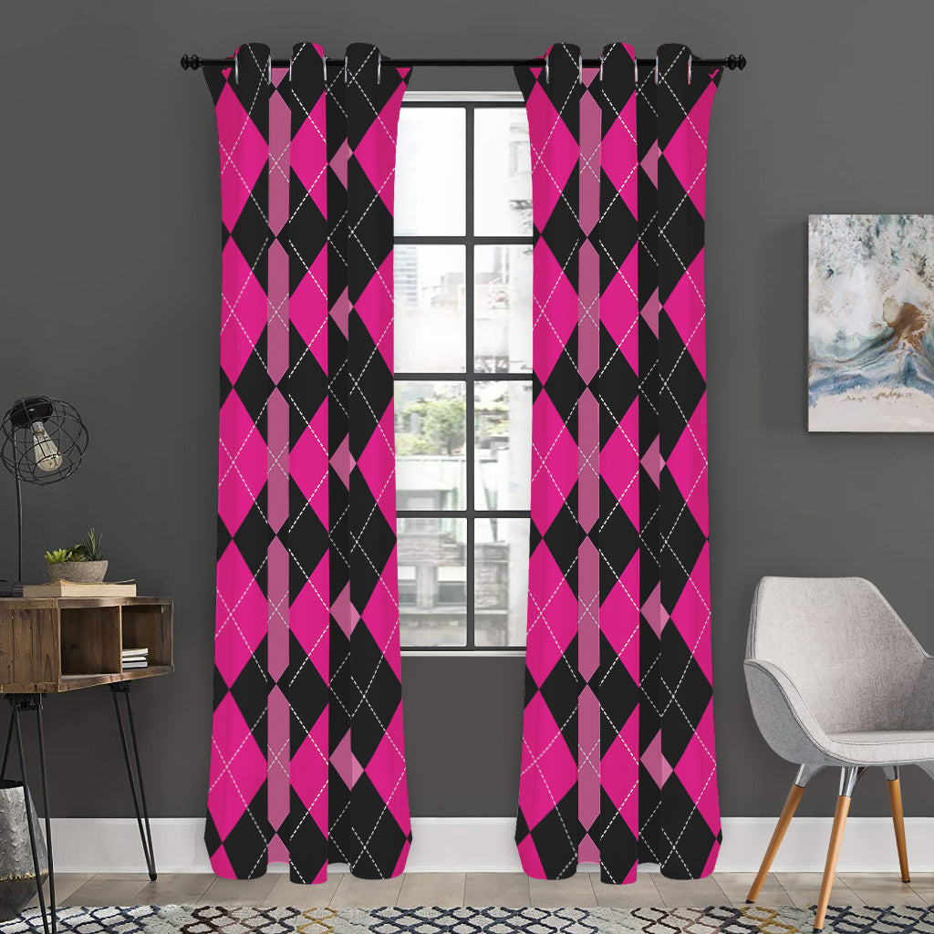 Black And Deep Pink Argyle Pattern Print Curtain