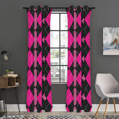 Black And Deep Pink Argyle Pattern Print Curtain