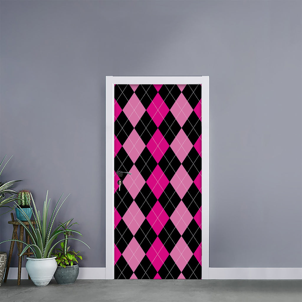 Black And Deep Pink Argyle Pattern Print Door Sticker