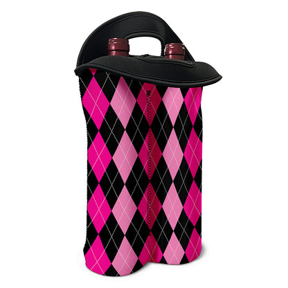 Black And Deep Pink Argyle Pattern Print Double Neoprene Wine Tote