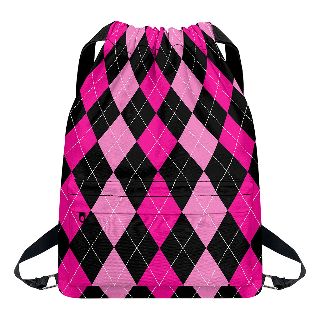 Black And Deep Pink Argyle Pattern Print Drawstring Backpack