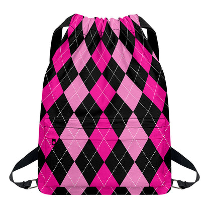 Black And Deep Pink Argyle Pattern Print Drawstring Backpack