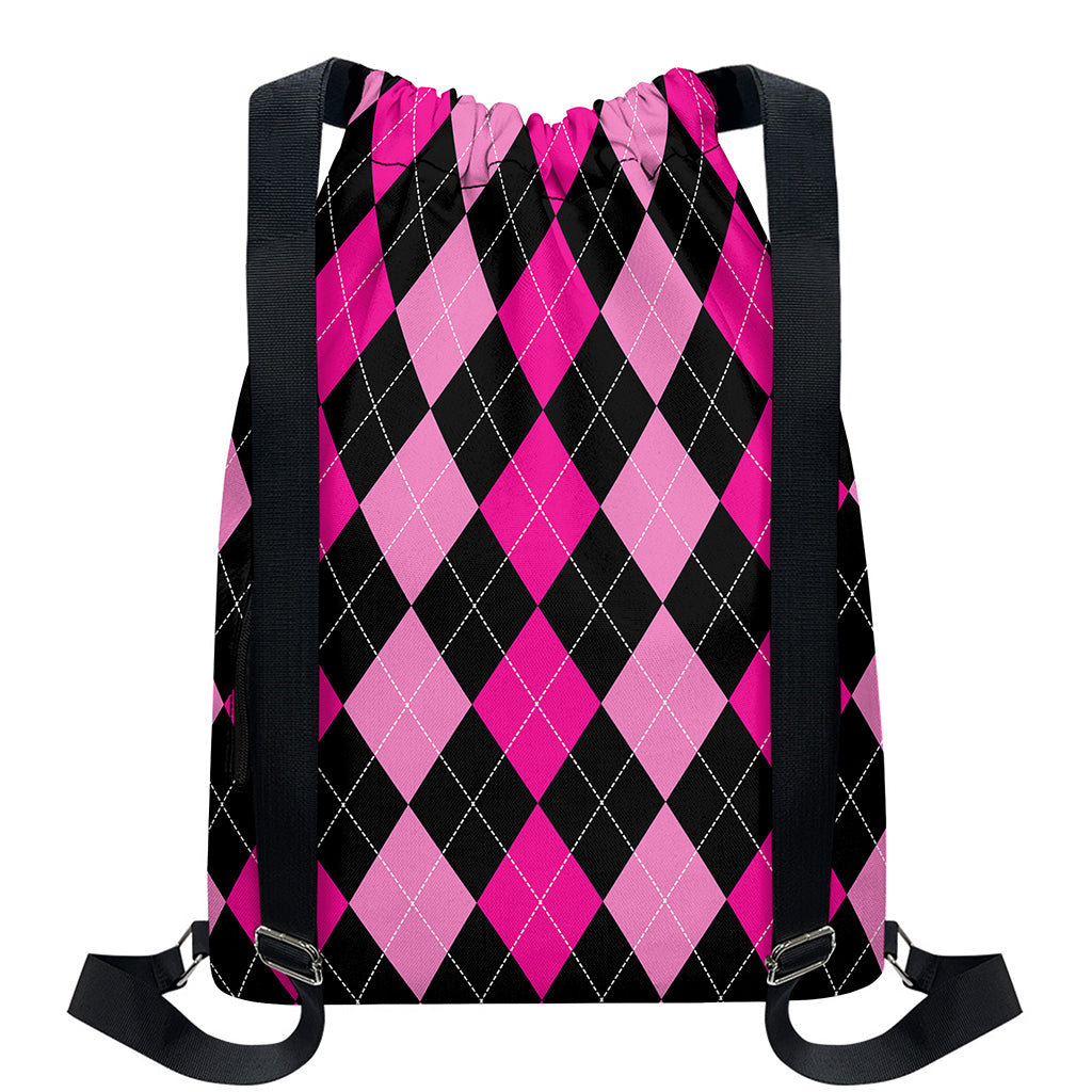 Black And Deep Pink Argyle Pattern Print Drawstring Backpack