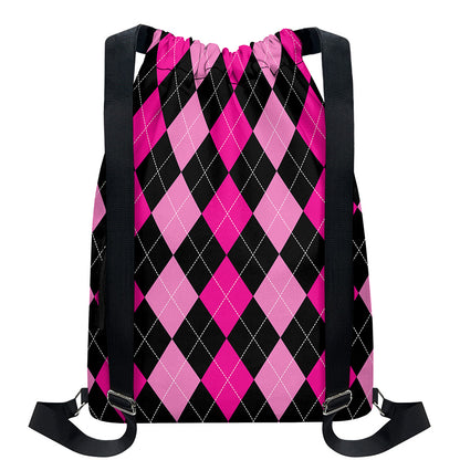 Black And Deep Pink Argyle Pattern Print Drawstring Backpack