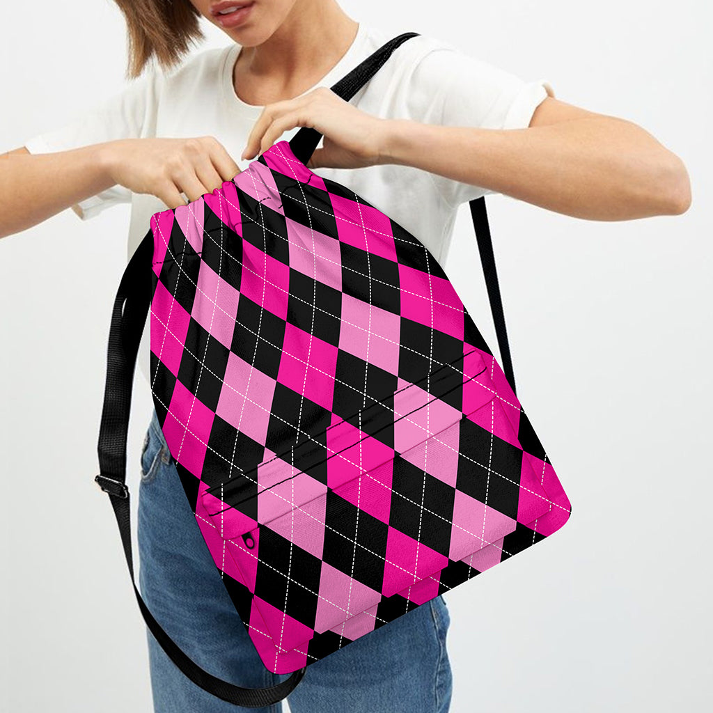 Black And Deep Pink Argyle Pattern Print Drawstring Backpack