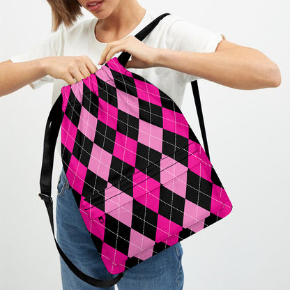 Black And Deep Pink Argyle Pattern Print Drawstring Backpack