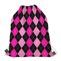 Black And Deep Pink Argyle Pattern Print Drawstring Bag