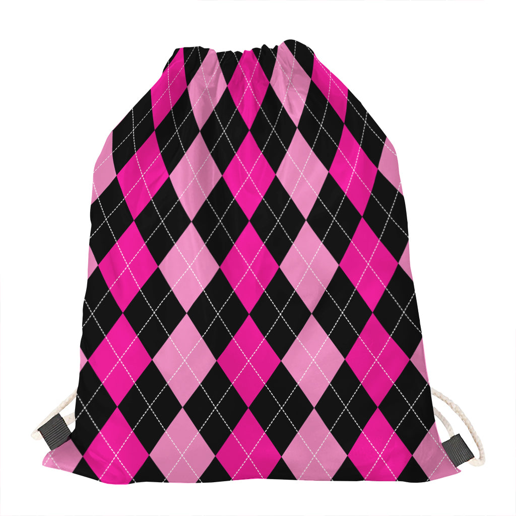 Black And Deep Pink Argyle Pattern Print Drawstring Bag