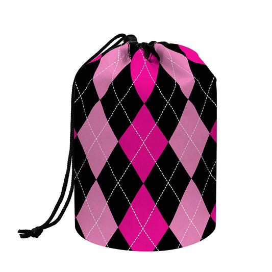 Black And Deep Pink Argyle Pattern Print Drawstring Makeup Bag