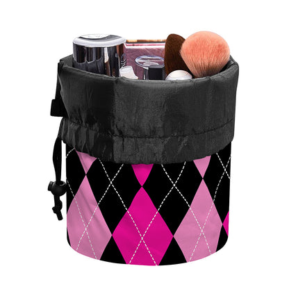 Black And Deep Pink Argyle Pattern Print Drawstring Makeup Bag