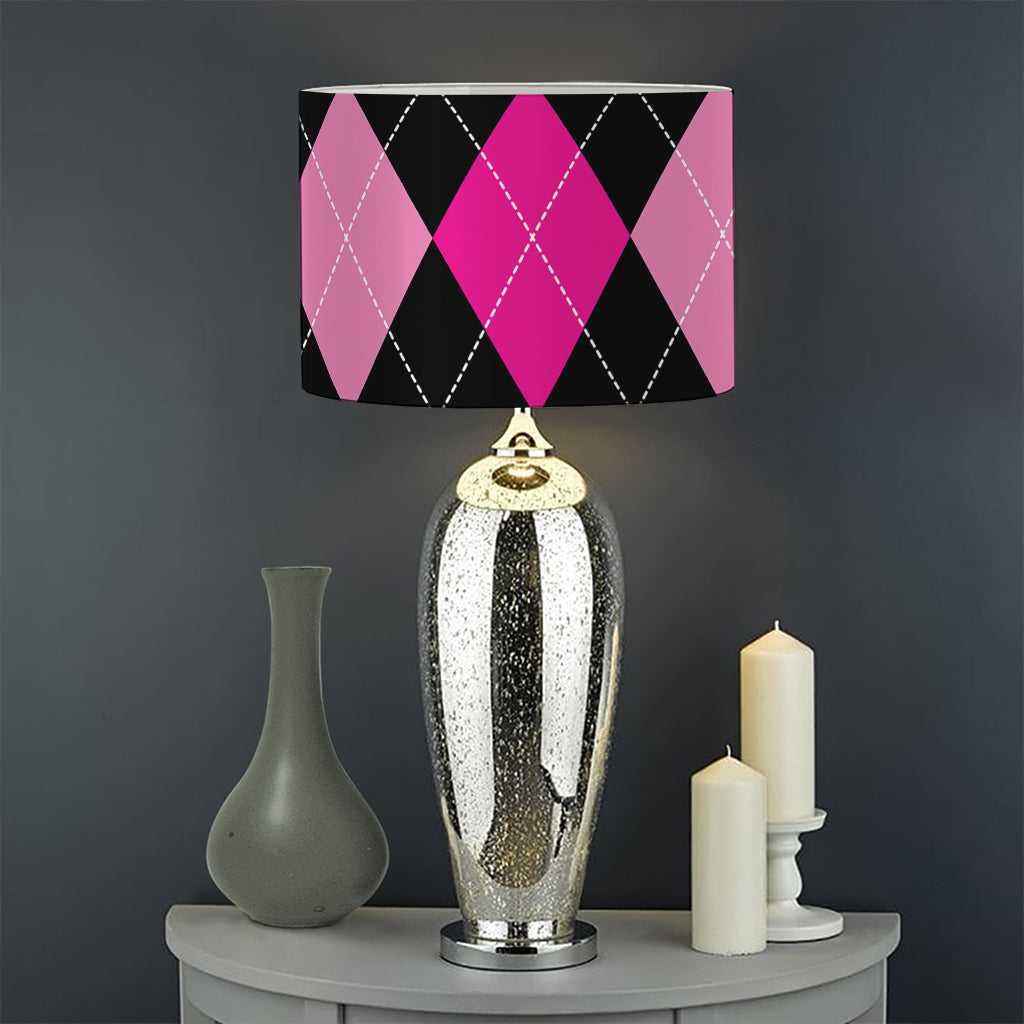 Black And Deep Pink Argyle Pattern Print Drum Lamp Shade