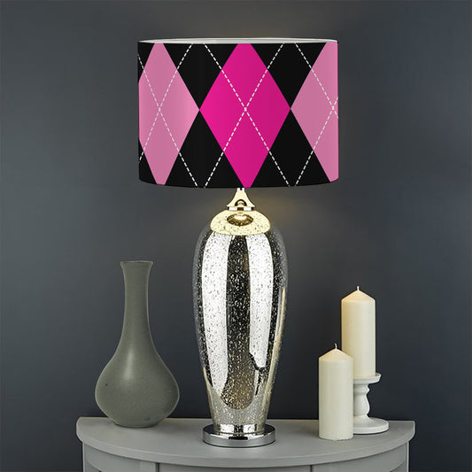Black And Deep Pink Argyle Pattern Print Drum Lamp Shade
