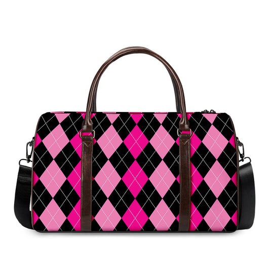 Black And Deep Pink Argyle Pattern Print Duffle Bag