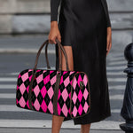 Black And Deep Pink Argyle Pattern Print Duffle Bag