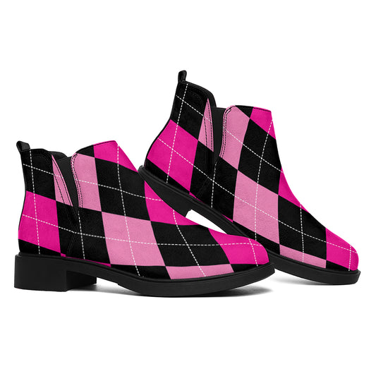 Black And Deep Pink Argyle Pattern Print Flat Ankle Boots