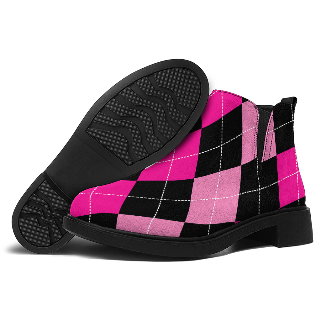 Black And Deep Pink Argyle Pattern Print Flat Ankle Boots