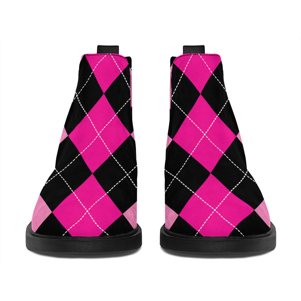 Black And Deep Pink Argyle Pattern Print Flat Ankle Boots