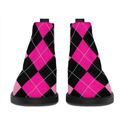 Black And Deep Pink Argyle Pattern Print Flat Ankle Boots