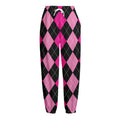 Black And Deep Pink Argyle Pattern Print Fleece Lined Knit Pants
