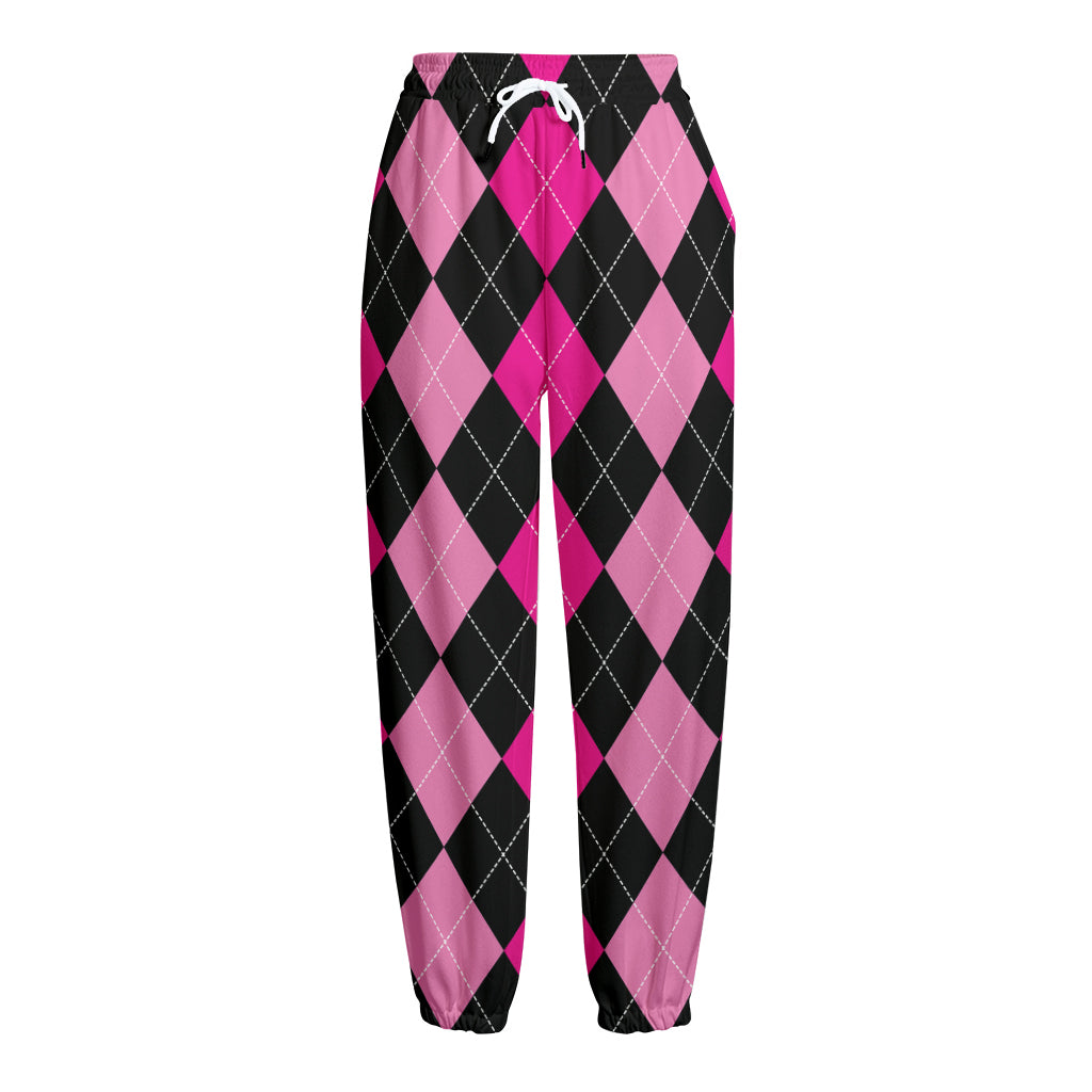 Black And Deep Pink Argyle Pattern Print Fleece Lined Knit Pants