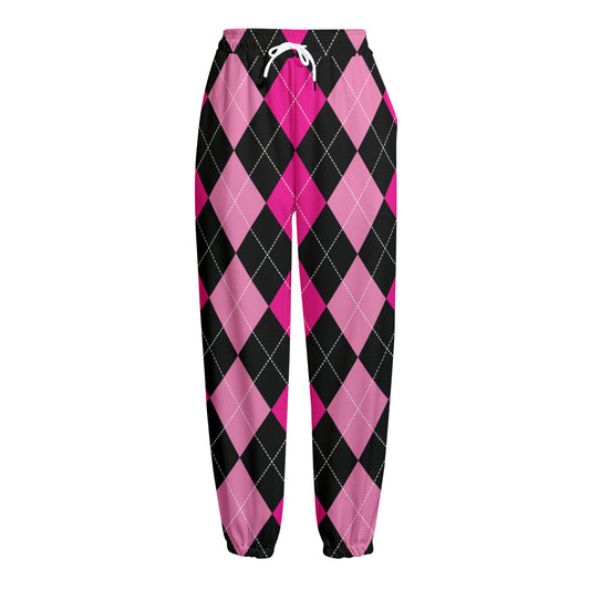 Black And Deep Pink Argyle Pattern Print Fleece Lined Knit Pants