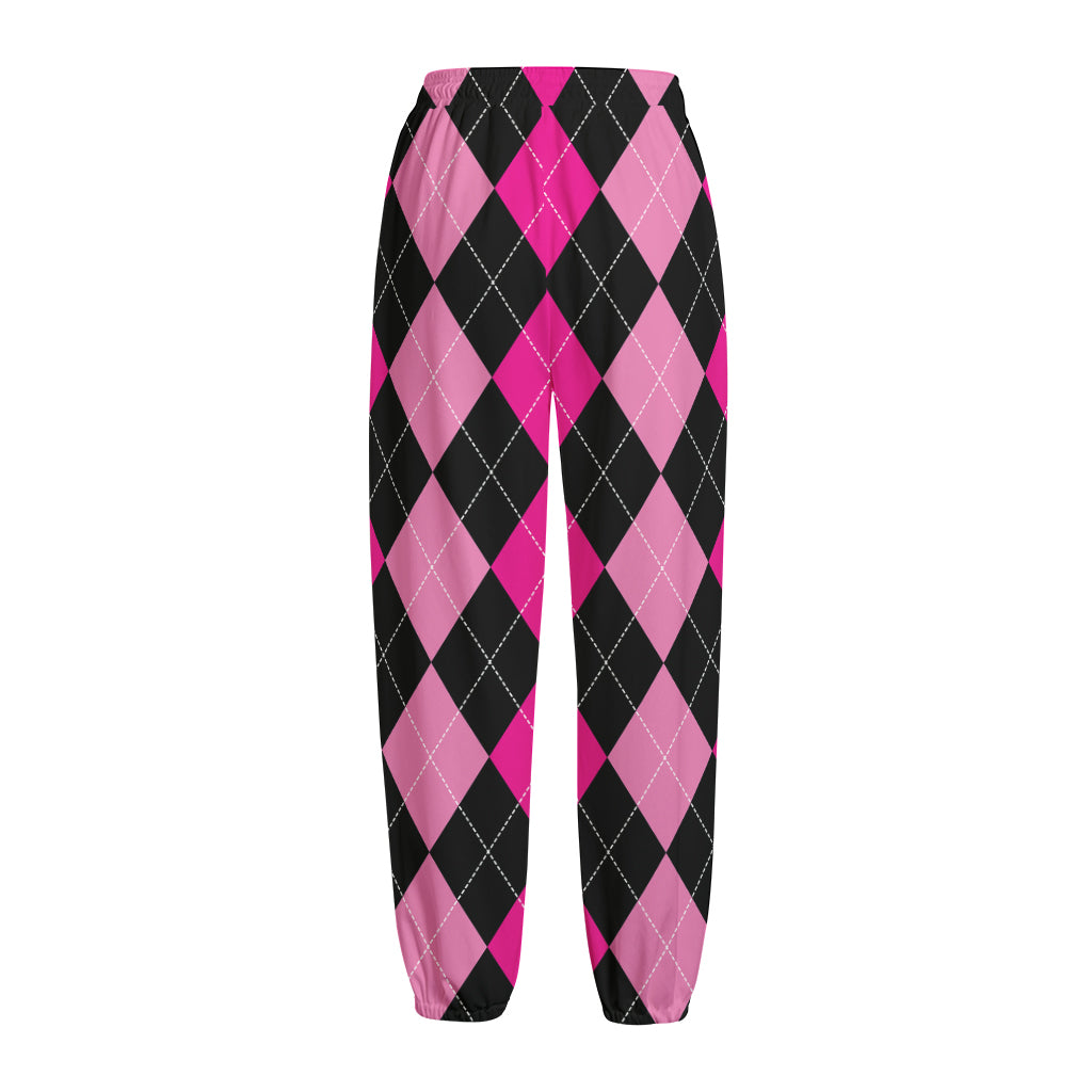 Black And Deep Pink Argyle Pattern Print Fleece Lined Knit Pants