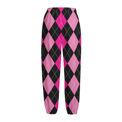 Black And Deep Pink Argyle Pattern Print Fleece Lined Knit Pants