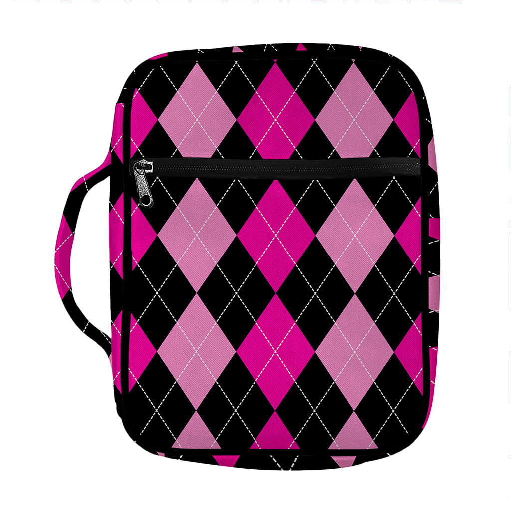 Black And Deep Pink Argyle Pattern Print Front Pocket Bible Bag
