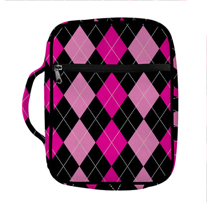 Black And Deep Pink Argyle Pattern Print Front Pocket Bible Bag