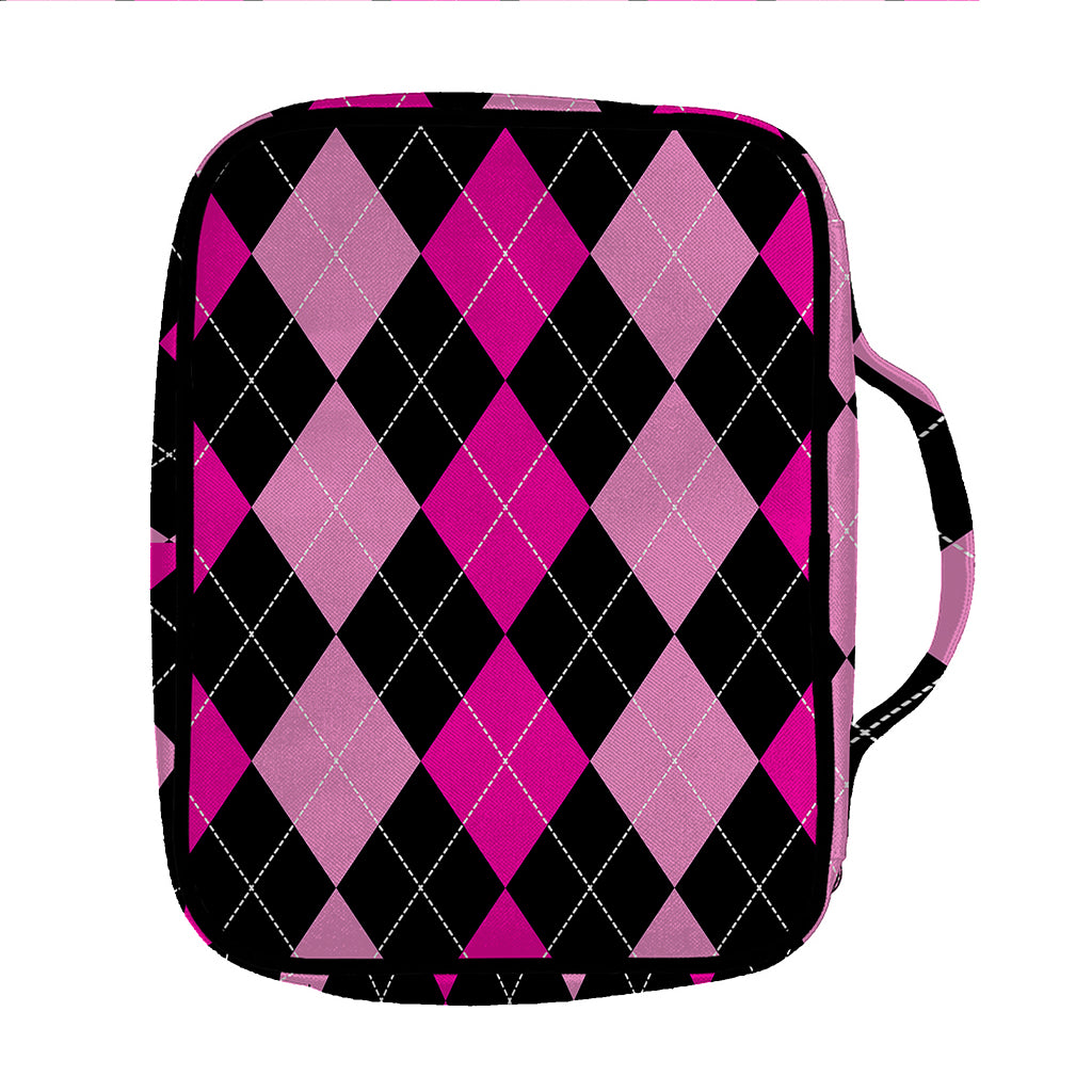 Black And Deep Pink Argyle Pattern Print Front Pocket Bible Bag