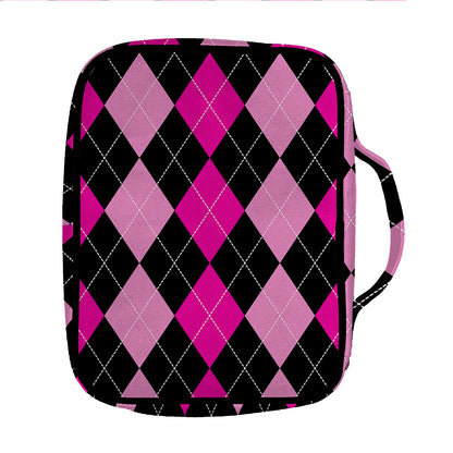 Black And Deep Pink Argyle Pattern Print Front Pocket Bible Bag